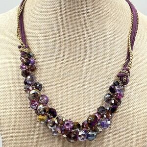 VTG Ali Khan New York Purple Crystal Cluster Statement Necklace Gold Tone Boho‎